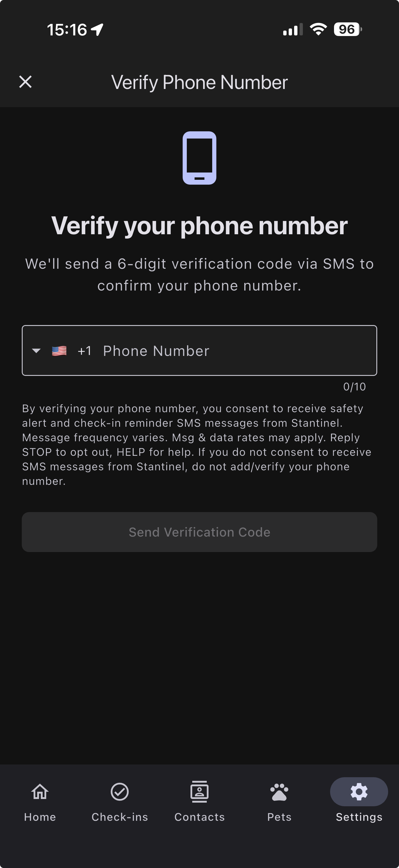 Stantinel phone verification screen (English) showing SMS consent disclosure