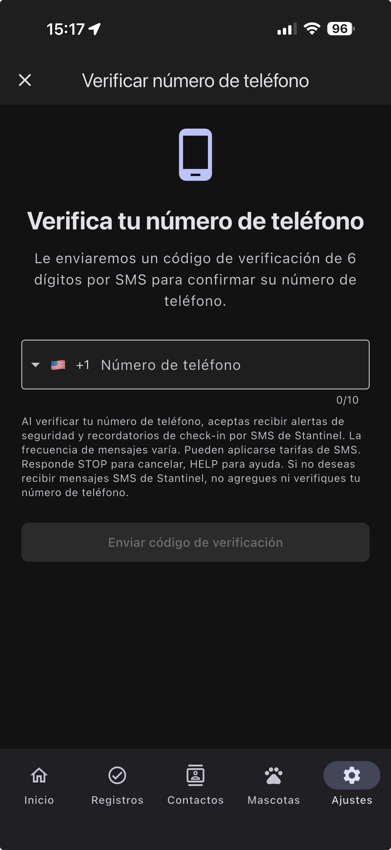 Stantinel phone verification screen (Spanish) showing SMS consent disclosure